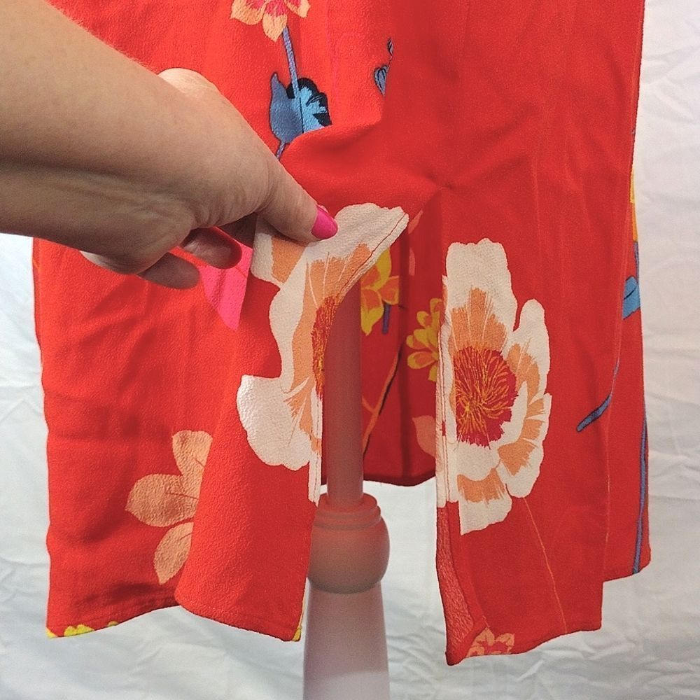 LOFT Orange Red Lily Floral Cap Sleeve Side Slit Midi Dress SMALL - Picture 9 of 16
